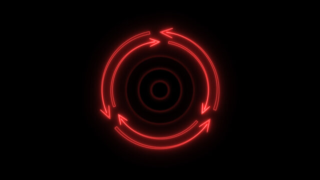 Neon circular arrows with inner circles represent cycle movement. Neon circular arrows for motion tracking. Neon circular arrows background for continuous loop design and interface systems.
