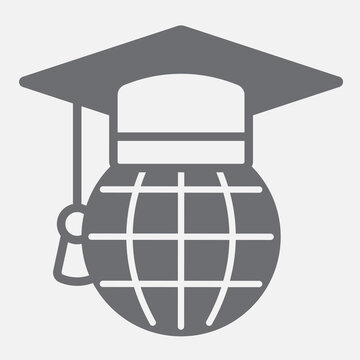 Student hat on globe solid icon, aspiring minds concept. Vector graphics. Graduation cap and world, planet sign with glyph style icon for mobile or web design