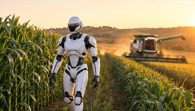 Humanoid agricultural robot walks between tall corn rows while a combine harvester works in the golden countryside light.