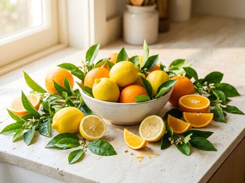 Fresh citrus fruits in a bowl with leaves on a light colored kitchen countertop