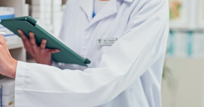 Medical, review or hands in dispensary with tablet, stock control or checklist in drug inspection. Healthcare, woman or chemist with tech, inventory management or medication verification in pharmacy.