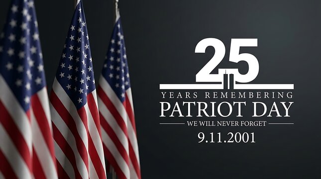 Remembering patriot day twenty five years, with american flags, twin towers silhouette, and date 9.11.2001.