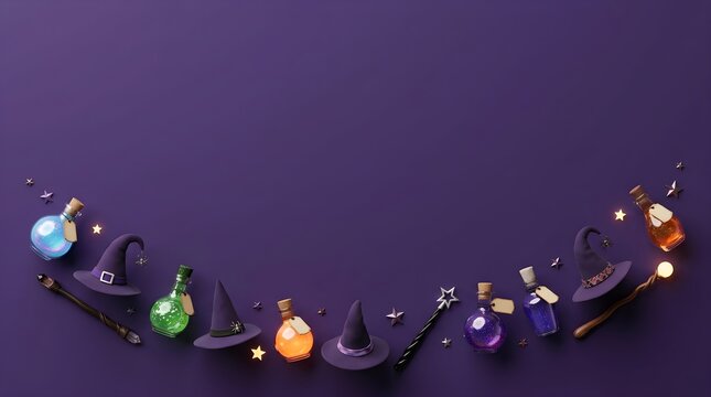 Spooky Halloween background with witch hats and magic potion bottles curved bottom border on dark purple surface with copy space
