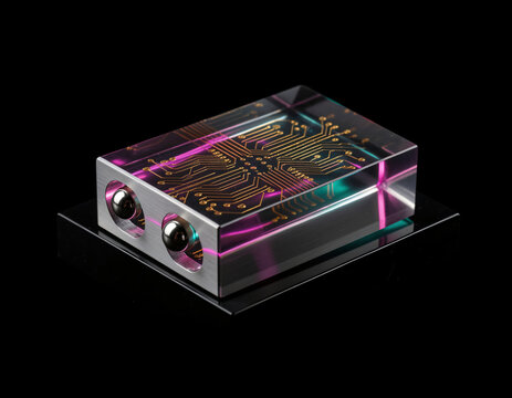 Optical Quartz Crystal Slab with Suspended Gold Circuit Traces on Dark Titanium Stage