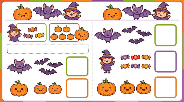 Cute Halloween cartoon characters including pumpkins, bats, and witches with candy for children's educational activity