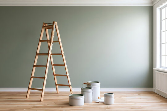 Wooden ladder and paint cans in empty room with wooden floor and green wall, ready for renovation. Bright natural light from window.