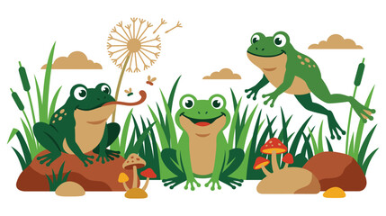 Obraz premium Green frogs illustration in pond environment with colorful fungi.