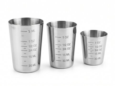 Stainless steel measuring cups set on white background.