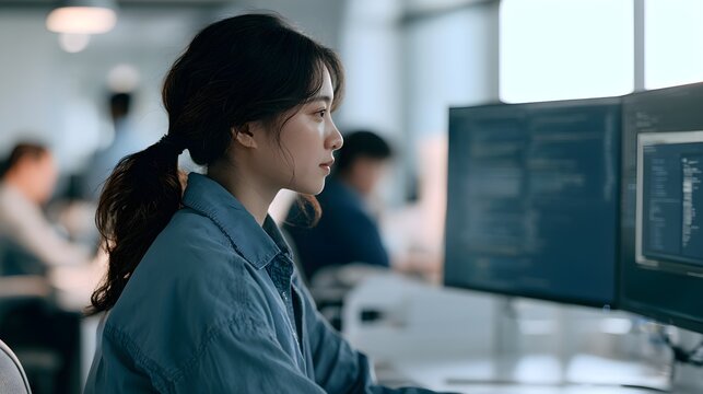 Focused asian software developer woman working diligently on multiple computer monitors while sitting inside modern office space during productive day