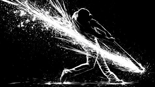 豪快なフルスイングを光の軌跡で描いた野球選手のモノクロスポーツイラスト