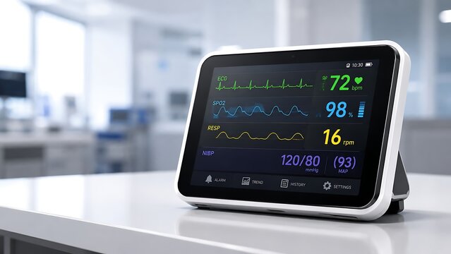 Modern medical monitor displays vital signs in hospital setting