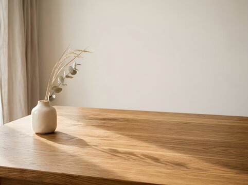 Minimalist still life with dried wheat and eucalyptus in a ceramic vase on a wooden table