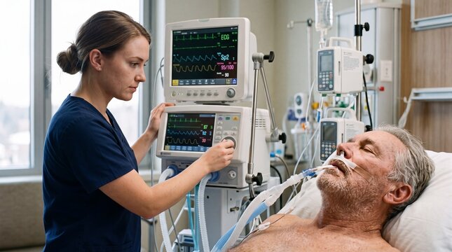 Nurse adjusting ventilator machine settings for patient monitoring in intensive care unit. Healthcare specialist treating senior caucasian man in hospital room.