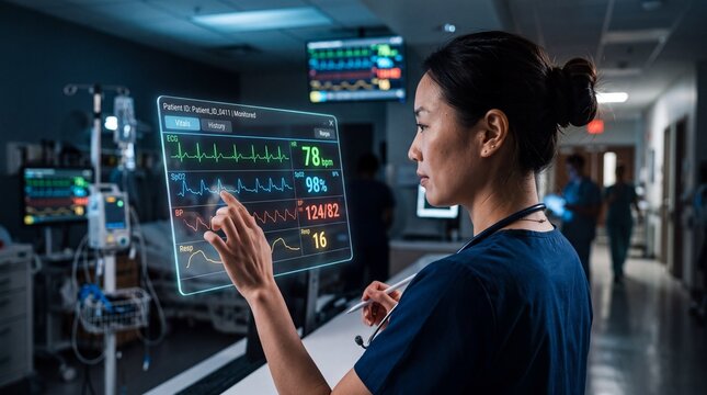 Nurse analyzing futuristic patient monitoring interface in intensive care unit. Asian healthcare specialist checking vital signs on digital touchscreen display.