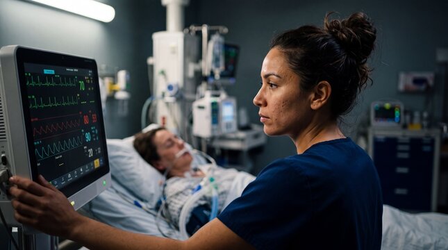 Nurse checking vital sign screen beside ill person in intensive care unit. Healthcare specialist conducting patient monitoring during critical medical treatment in clinic.