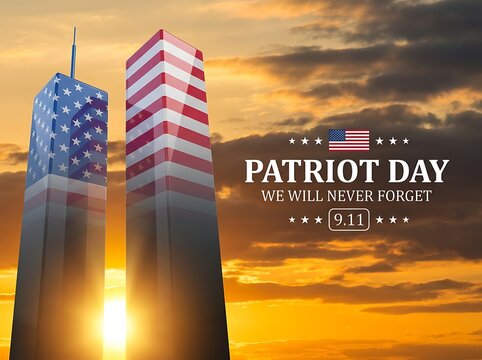 Patriot day remembrance of 9 11 with twin towers memorial and american flag colors at sunset sky with clouds symbolizing hope and unity for nation honoring victims and heroes.