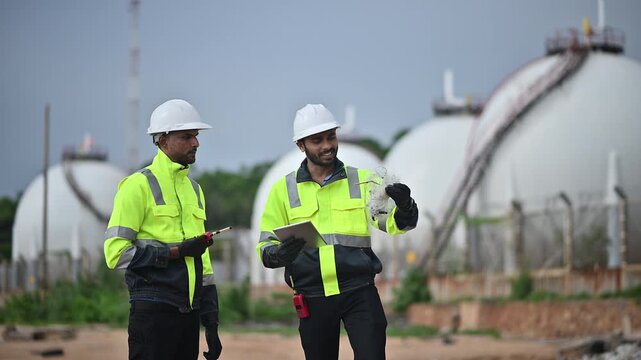 Engineers wearing safety gear, including hard hats examining survey a large blueprint tablet standing industrial facility gas or oil refinery engaged in a job requires high safety standards concept.	