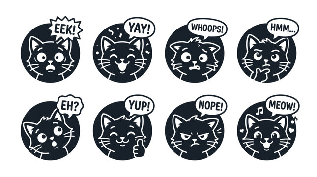 Set of cartoon black cat faces with different emotions and speech bubbles.