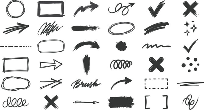 Hand drawn doodle elements set, arrows, frames, check marks, crosses, and scribbles