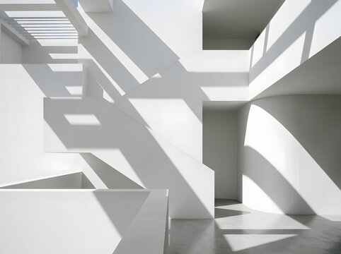 Abstract architectural interior with geometric shapes and strong shadows in grayscale