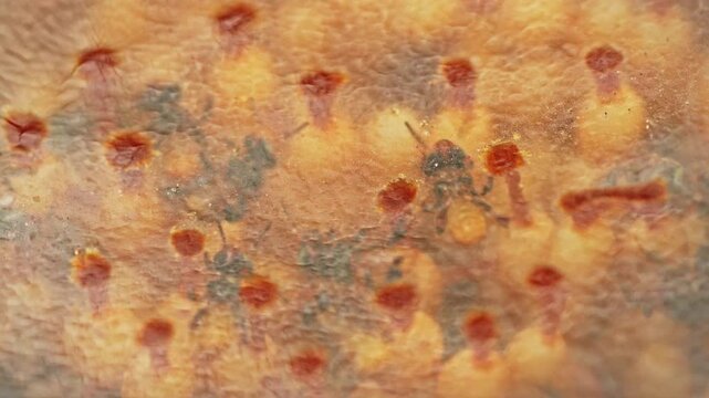 Close up photography of stingless bees and their nest inside a glass hive, representing sustainable agriculture, ecological conservation, pollination, and natural honey production.