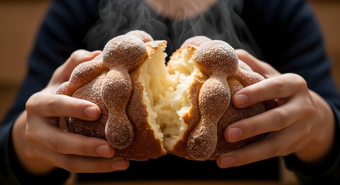 Person holding hot traditional pan de muerto bread for holiday celebration