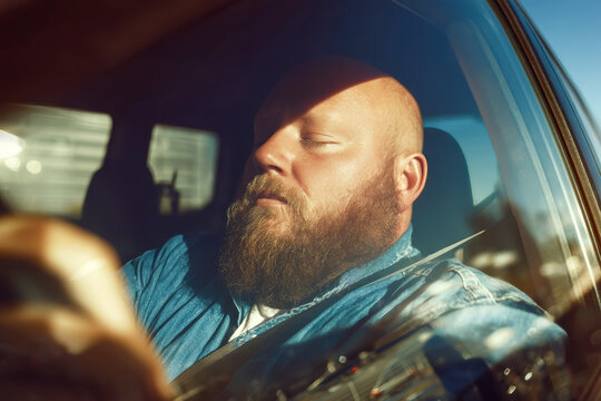 A man sits in a car, eyes closed, likely resting. The sunlight shines through the window, creating a warm glow inside the vehicle during afternoon time