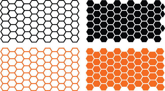 Seamless hexagonal pattern collection featuring black and orange outlines and filled shapes on transparent background