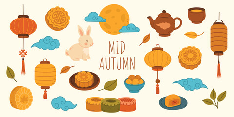 Naklejka premium Mid Autumn Festival set with cute moon rabbit, traditional mooncakes, paper lanterns, full moon, clouds, and tea set. Vector oriental harvest celebration icon collection on beige background