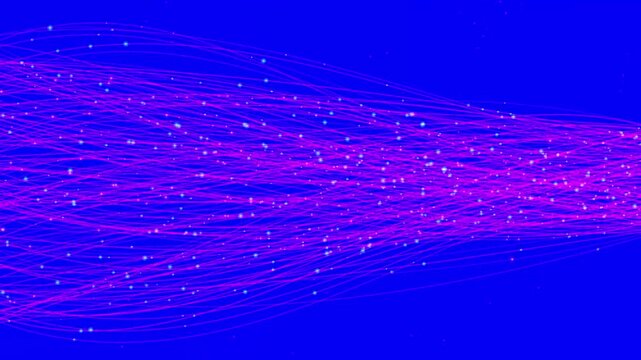 Abstract flowing purple lines with tiny sparkling particles against a vibrant blue background