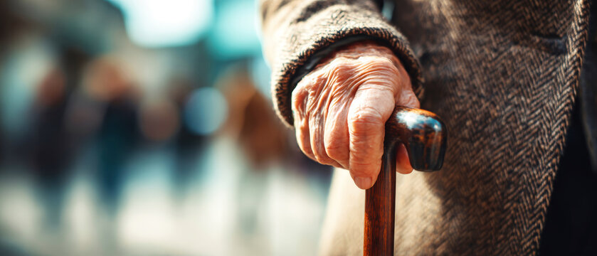 An elderly woman stands outside holding her cane. The focus is on her hand and the cane, with a blurred background showing movement and light