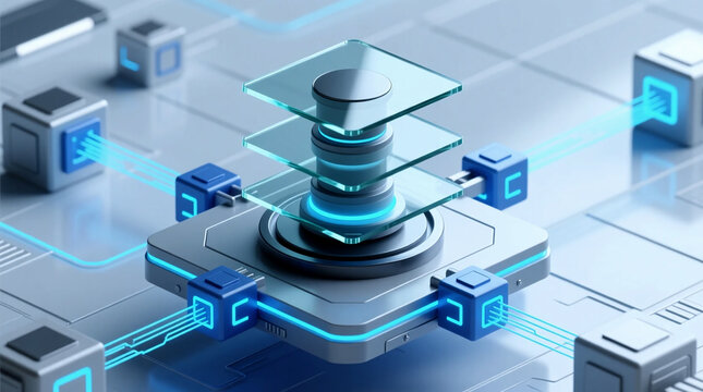 A 3D render of agile and flexible business framework for digital transformation strategy, illustrating connected data cloud network in isometric view