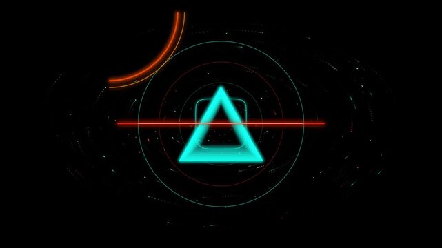 Futuristic neon triangle h u d interface with glowing geometric shapes and digital data stream on