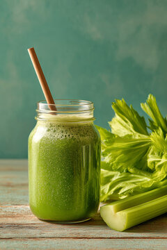 A drink in a jar sits on a wooden table next to a stalk of celery. A straw is inside the jar. The setting shows green colors in the background