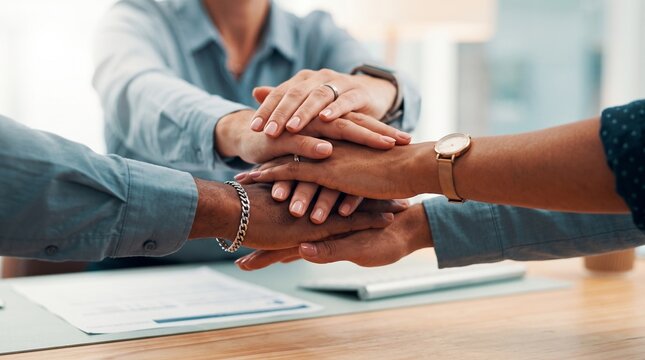 Diverse team stacking hands in unity