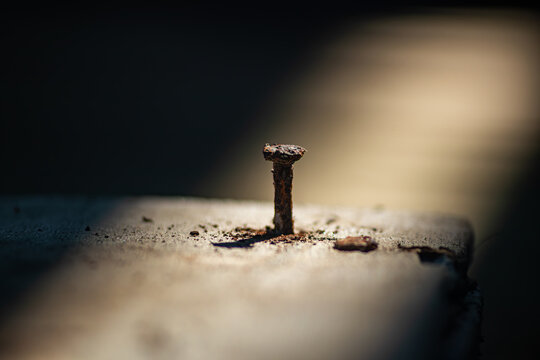Macro of an old rusty iron nail driven into weathered wood plank illuminated by a dramatic beam of light.