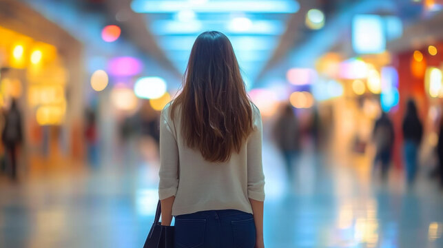 Woman with his back turned walking through shopping