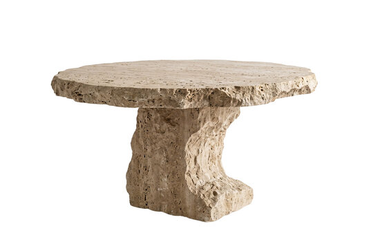 Rustic natural travertine stone round dining table featuring rough chiseled edges and a pedestal base for modern interior design home decor.