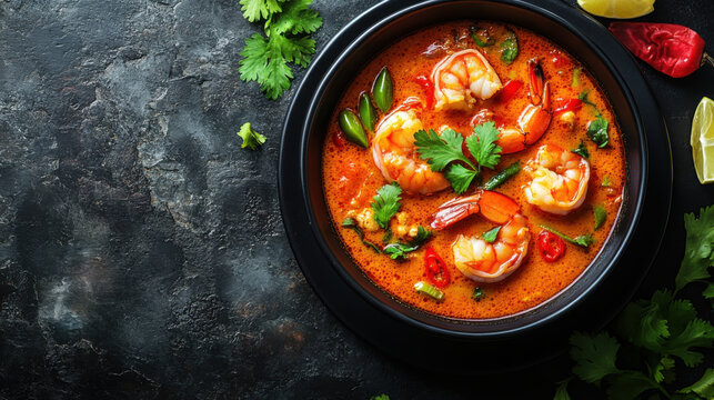 Tom Yam kung Spicy Thai soup with shrimp, seafood, coconut milk and chili pepper in a bowl, top view