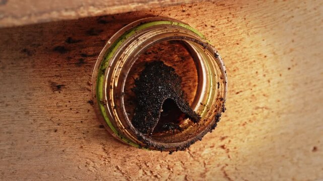 Close up photography of stingless bees and their nest inside a glass hive, representing sustainable agriculture, ecological conservation, pollination, and natural honey production.