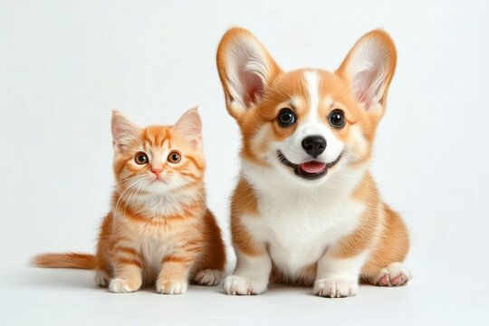 Cute Welsh corgi puppy and a red kitten sit together on a white background. isolated on a white background