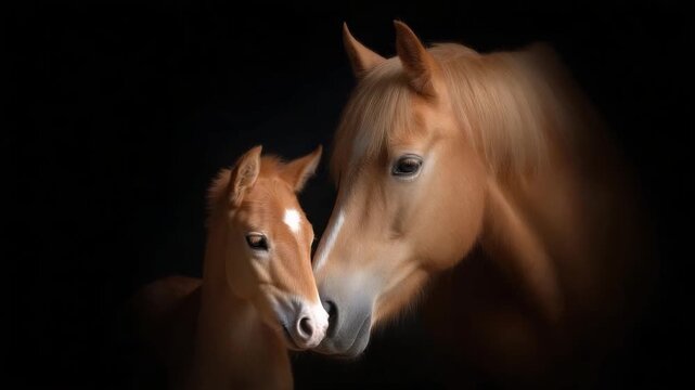 Enjoy a mesmerizing visual of a mother horse with her foal. This footage captures tenderness and beauty in the equine world. Ideal for relaxation and inspiration. AI