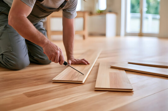 Worker installing wooden laminate flooring in a bright modern living room, close-up of hands assembling floor panels with a tool, home renovation process.