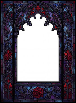 Dark gothic stained glass window frame with red roses