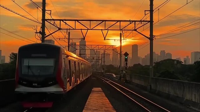 Commuter Train Running on Elevated Railway Tracks Against City Skyline at Golden Sunset