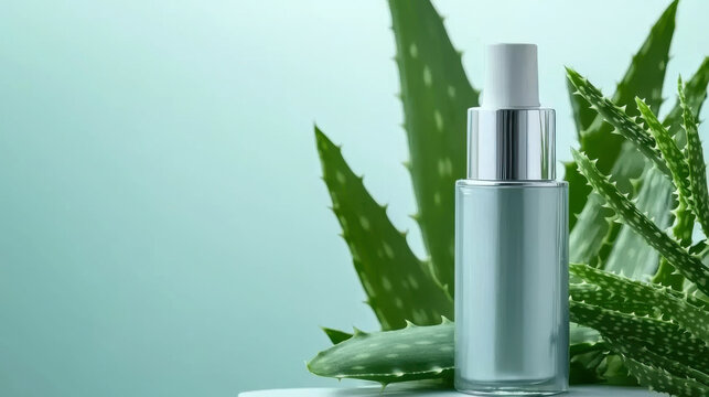  top view A sleek cosmetic bottle placed on fresh aloe vera leaves