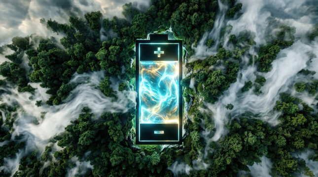 Glowing Battery Symbol Surrounded by Lush Green Forest