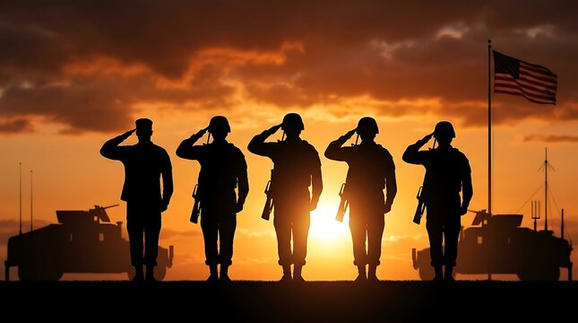 Silhouette of five soldiers saluting American flag at sunset with military vehicles, symbolizing patriotism and bravery during wartime.