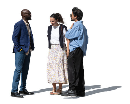 Diverse group of three people standing and talking outside in the sunlight. PNG image isolated on transparent and white background.