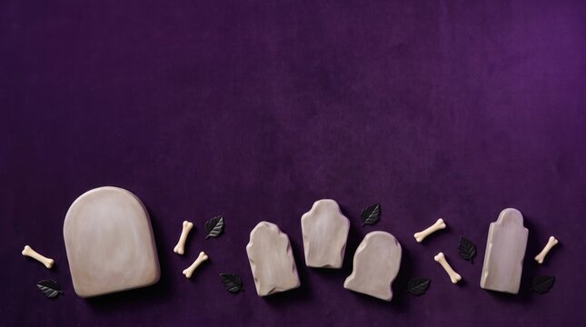 Miniature gravestones and bones arranged on dark purple textured background for spooky Halloween graveyard scene